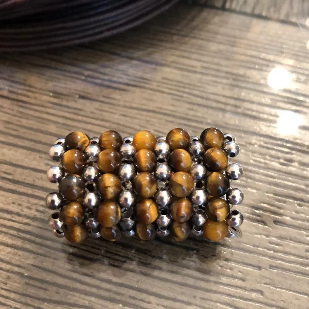 Waxed Brown Cord Necklace with Silver & Tigers Eye Beads, Sterling End Caps